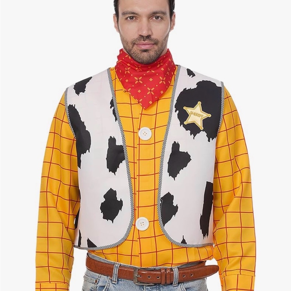 Woody Cowboy Men’s Cow Print Vest with Yellow Checkered Shirt Halloween costume